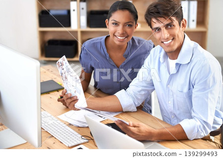 Business people, paperwork and smile in portrait, discussion and collaboration on project or proposal. Staff, technology and support by teamwork, planning and idea at marketing agency or vision Business people, paperwork and smile in portrait, discussion and collaboration on project or proposal. Staff, technology and support by teamwork, planning and idea at marketing agency or vision 139299493