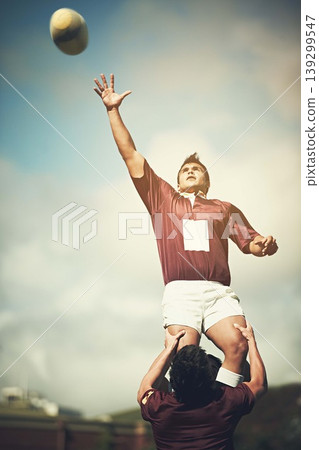 Rugby, teamwork and ball and man on field for sports training, health and stadium practice. Challenge, competition and performance with male person in outdoor pitch for exercise, games and workout Rugby, teamwork and ball and man on field for sports training, health and stadium practice. Challenge, competition and performance with male person in outdoor pitch for exercise, games and workout 139299547