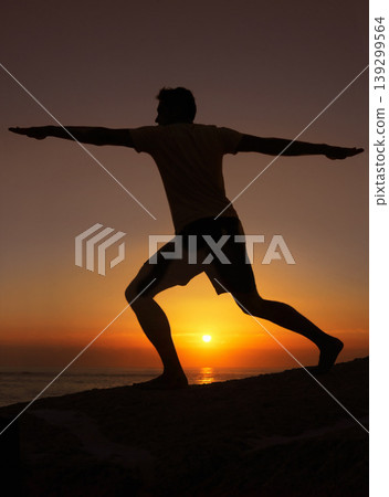 Silhouette, man or stretching with hands for yoga, health and wellness on beach with sunset and zen. Person, shadow and pilates or arm workout for balance, mindfulness or healthy body by ocean or sea 139299564