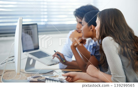 Business people, laptop and reading in office, communication and collaboration on project or proposal. Staff, technology and internet connection for online research for company, support and teamwork Business people, laptop and reading in office, communication and collaboration on project or proposal. Staff, technology and internet connection for online research for company, support and teamwork 139299565