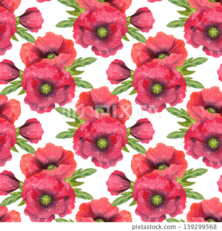 Red poppies, watercolor seamless pattern. Hand drawn ornament with bright, fresh plants. Juicy wild flowers for packaging, cosmetics, perfumes, and cards. Red poppies, watercolor seamless pattern. Hand drawn ornament with bright, fresh plants. Juicy wild flowers for packaging, cosmetics, perfumes, and cards. 139299568