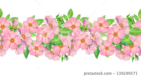 Pink rose hips with green leaves, seamless hand drawn watercolor border. Ornament with delicate fresh plants and lush foliage. Juicy wildflowers for packaging tea, cosmetics, perfumes, and cards. Pink rose hips with green leaves, seamless hand drawn watercolor border. Ornament with delicate fresh plants and lush foliage. Juicy wildflowers for packaging tea, cosmetics, perfumes, and cards. 139299571