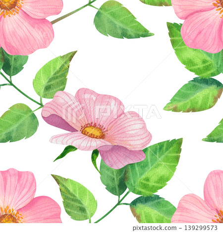 Pink rose hips with green leaves, watercolor seamless pattern. Hand drawn ornament with delicate fresh plants. Juicy wild flowers for packaging, cosmetics, perfumes, and cards. Pink rose hips with green leaves, watercolor seamless pattern. Hand drawn ornament with delicate fresh plants. Juicy wild flowers for packaging, cosmetics, perfumes, and cards. 139299573
