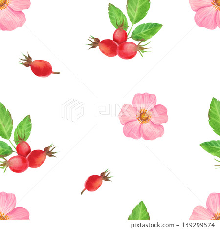 Pink rose hips with green leaves and red berries, a watercolor seamless pattern. Hand drawn ornament with delicate fresh plants. Juicy wild flowers for packaging, cosmetics, perfumes, and cards. Pink rose hips with green leaves and red berries, a watercolor seamless pattern. Hand drawn ornament with delicate fresh plants. Juicy wild flowers for packaging, cosmetics, perfumes, and cards. 139299574