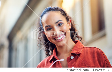 Woman, portrait and smile in city for explore in summer vacation, street travel or downtown. Female person, face and sunglasses for relax outdoor weekend or tourist in town, holiday walking in Brazil Woman, portrait and smile in city for explore in summer vacation, street travel or downtown. Female person, face and sunglasses for relax outdoor weekend or tourist in town, holiday walking in Brazil 139299597