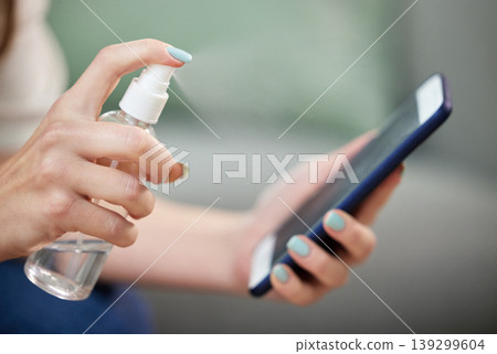 Woman, hand and clean phone screen for hygiene bacteria, dust wellness or virus safety. Female person, mobile device and cloth for disinfection from germs or surface sanitizer, protection or risk Woman, hand and clean phone screen for hygiene bacteria, dust wellness or virus safety. Female person, mobile device and cloth for disinfection from germs or surface sanitizer, protection or risk 139299604