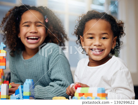 Laughing, children and playing with education, happy and smile from comedy and development. Toys, sibling and funny joke with sister love, youth care and support together with blocks for knowledge Laughing, children and playing with education, happy and smile from comedy and development. Toys, sibling and funny joke with sister love, youth care and support together with blocks for knowledge 139299622
