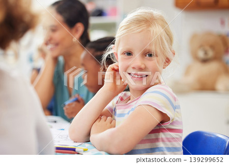 Portrait, happy kid or little girl with for learning in kindergarten, daycare or classroom with friends. Youth, looking and smile for growth, future or milestone with education in child development 139299652
