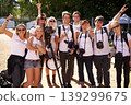 Portrait, group and teamwork with photographers, outdoor and musical festival with joy, cheerful and excited. People, men or women with equipment, cameras and collaboration with event, party or smile 139299675
