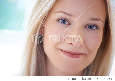 Calm, closeup and portrait of woman in morning, home and apartment with beauty or wellness. Positive, mindset and face of person in house to relax in living room with smile, happiness and skincare 139299734