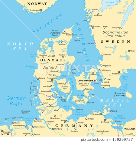Danish straits, Denmark, political map. The Baltic Sea connected with the North Sea through Kattegat and Skagerrak. Danish Straits are international waterways and open to commercial shipping. Vector Danish straits, Denmark, political map. The Baltic Sea connected with the North Sea through Kattegat and Skagerrak. Danish Straits are international waterways and open to commercial shipping. Vector 139299737