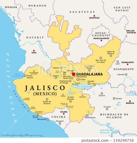 Jalisco, a state of Mexico, political map, with capital Guadalajara, largest cities, and Costalegre, the Coast of Joy, a coastal strip on the Pacific, between Puerto Vallarta and Manzanillo. Vector Jalisco, a state of Mexico, political map, with capital Guadalajara, largest cities, and Costalegre, the Coast of Joy, a coastal strip on the Pacific, between Puerto Vallarta and Manzanillo. Vector 139299738