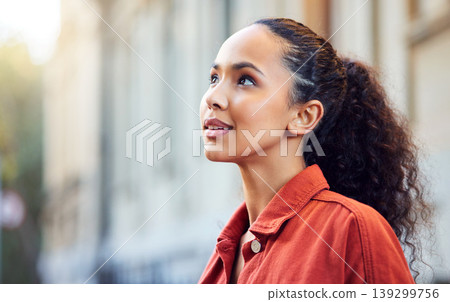 Woman, city sidewalk and thinking outdoor for search, location and happy memory on street in metro. Girl, walking and vision by buildings, ideas or urban vacation for decision, choice or road in Rome Woman, city sidewalk and thinking outdoor for search, location and happy memory on street in metro. Girl, walking and vision by buildings, ideas or urban vacation for decision, choice or road in Rome 139299756