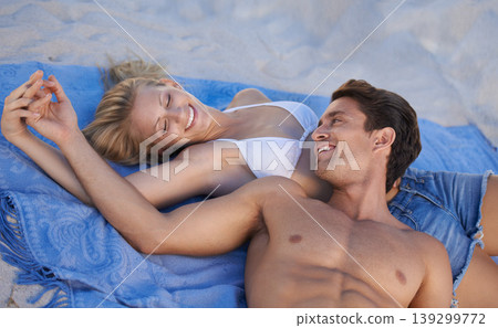 Love, holding hands and happy couple lying on beach for date, outdoor bonding or tropical holiday. Romance, man and woman, peace and relax on ocean vacation together with travel, care and adventure Love, holding hands and happy couple lying on beach for date, outdoor bonding or tropical holiday. Romance, man and woman, peace and relax on ocean vacation together with travel, care and adventure 139299772