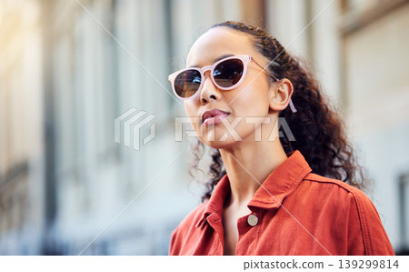 Woman, city and thinking in sunglasses on street for search, location or memory in metro. Girl, walking and fashion for vision by building, idea or urban vacation for decision, choice or road in Rome Woman, city and thinking in sunglasses on street for search, location or memory in metro. Girl, walking and fashion for vision by building, idea or urban vacation for decision, choice or road in Rome 139299814