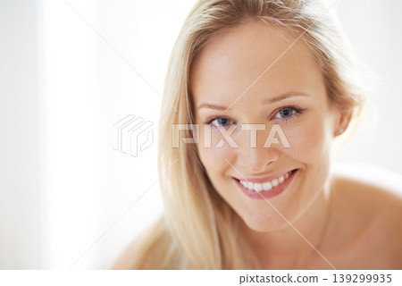 Closeup, happy woman and smile for beauty with portrait in home for skincare, texture and hydration. Female person, hair and face for results with dermatology, treatment or spf for anti aging of skin 139299935