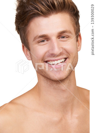 Skincare, man and portrait with smile in studio for facial, treatment and wellness aesthetic in morning. Grooming, face and person with haircare routine, cosmetic and hygiene on white background Skincare, man and portrait with smile in studio for facial, treatment and wellness aesthetic in morning. Grooming, face and person with haircare routine, cosmetic and hygiene on white background 139300029