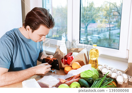 A worried man looks into an empty wallet next to groceries and a long receipt, depicting an economic crisis, inflation, and high food prices during a price increase. A worried man looks into an empty wallet next to groceries and a long receipt, depicting an economic crisis, inflation, and high food prices during a price increase. 139300098