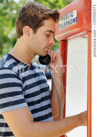 Telephone, fashion and man in city by booth for communication, phone call and contact. Payphone, conversation and person in urban town for holiday, vacation and weekend in trendy clothes and style Telephone, fashion and man in city by booth for communication, phone call and contact. Payphone, conversation and person in urban town for holiday, vacation and weekend in trendy clothes and style 139300371