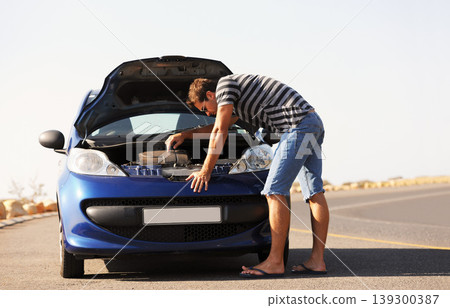 Broken, stress and man with car on road with engine problem, mechanic issue and transport crisis in city. Travel, street and frustrated person for auto repair, motor service and roadside assistance Broken, stress and man with car on road with engine problem, mechanic issue and transport crisis in city. Travel, street and frustrated person for auto repair, motor service and roadside assistance 139300387
