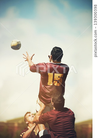 Rugby ball, sports and teamwork with man on field for training, health and stadium practice. Challenge, competition and performance with person in outdoor pitch for exercise, games and workout Rugby ball, sports and teamwork with man on field for training, health and stadium practice. Challenge, competition and performance with person in outdoor pitch for exercise, games and workout 139300398