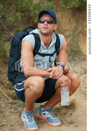 Fitness, man and thinking of nature hiking with water, backpack and energy drink for workout, training and exercise. Hiker, person and planning mountains trail for health, wellness and summer sports Fitness, man and thinking of nature hiking with water, backpack and energy drink for workout, training and exercise. Hiker, person and planning mountains trail for health, wellness and summer sports 139300454