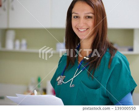 Veterinary portrait, clinic documents and happy woman with test results, assessment notes or animal healthcare nursing info. Pet service, job experience or veterinarian smile for vet feedback support Veterinary portrait, clinic documents and happy woman with test results, assessment notes or animal healthcare nursing info. Pet service, job experience or veterinarian smile for vet feedback support 139300550