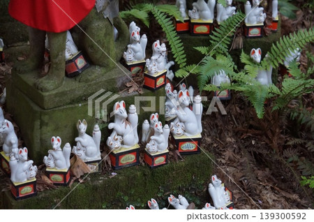 White ceramic fox figurines (Okitsune-sama) lined up in the grounds of the Inari Shrine. White ceramic fox figurines (Okitsune-sama) lined up in the grounds of the Inari Shrine. 139300592