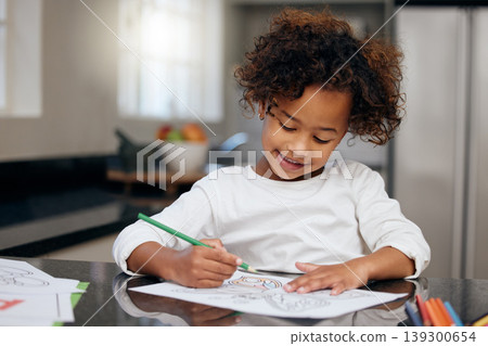 Happy child, school learning and coloring in kitchen and knowledge in home. Pencil, young girl and development with creativity project and smile from student education and art with drawing at table Happy child, school learning and coloring in kitchen and knowledge in home. Pencil, young girl and development with creativity project and smile from student education and art with drawing at table 139300654