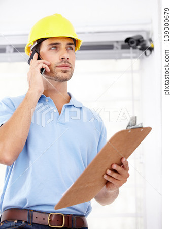 Technician, thinking and phone call for security camera, home installation and CCTV solution or problem solving. Engineering man with vision, inspection goals and checklist for surveillance services Technician, thinking and phone call for security camera, home installation and CCTV solution or problem solving. Engineering man with vision, inspection goals and checklist for surveillance services 139300679
