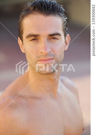 Body, portrait or man for water swimming, surfing or sports in Brazilian nature or beach for relax summer break. Serious face, athlete or wet person shirtless for training, exercise or surfer fitness Body, portrait or man for water swimming, surfing or sports in Brazilian nature or beach for relax summer break. Serious face, athlete or wet person shirtless for training, exercise or surfer fitness 139300682