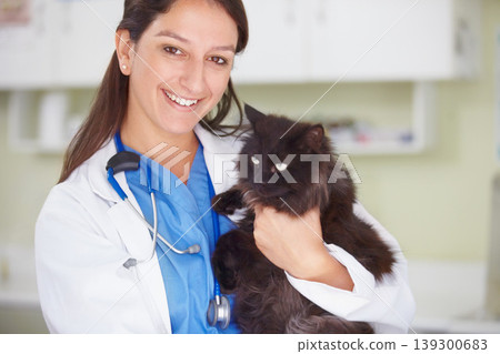 Vet clinic portrait, cat and happy woman for medical help, wellness healing services or healthcare support. Happiness, veterinary job experience or hospital veterinarian smile for feline checkup Vet clinic portrait, cat and happy woman for medical help, wellness healing services or healthcare support. Happiness, veterinary job experience or hospital veterinarian smile for feline checkup 139300683