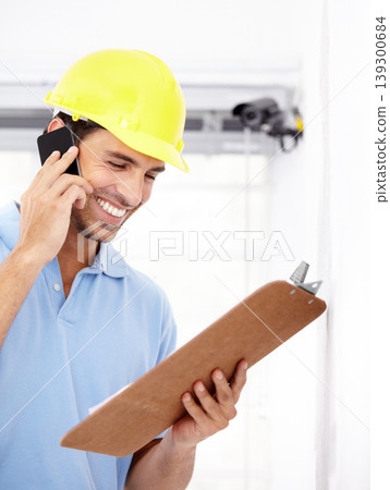 Technician, happy and phone call for security camera, checklist and CCTV installation or services in home. Man or contractor reading clipboard for surveillance information, solution or mobile support 139300684