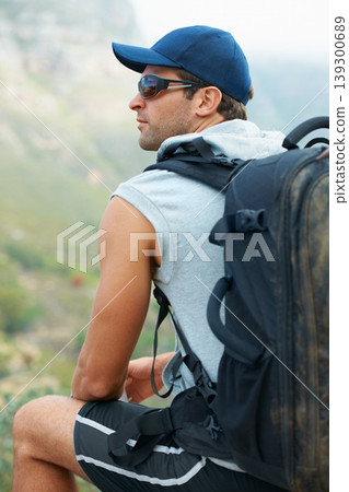 Fitness, rest and thinking of nature hiking with backpack for workout, training or exercise in relax freedom break. View, man or planning mountains hike for health, wellness and summer Brazil sports Fitness, rest and thinking of nature hiking with backpack for workout, training or exercise in relax freedom break. View, man or planning mountains hike for health, wellness and summer Brazil sports 139300689