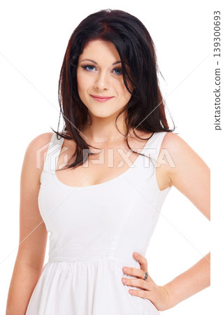 Fashion, happy and portrait of woman in a studio with casual, stylish and beautiful dress. Smile, style and female model from Australia with trendy outfit and positive attitude by white background. Fashion, happy and portrait of woman in a studio with casual, stylish and beautiful dress. Smile, style and female model from Australia with trendy outfit and positive attitude by white background. 139300693