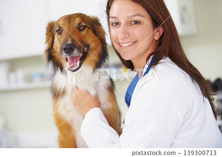 Vet clinic portrait, dog and happy woman for medical help, wellness healing services or animal healthcare support. Happiness, veterinary job experience and hospital veterinarian smile for pet K9 exam Vet clinic portrait, dog and happy woman for medical help, wellness healing services or animal healthcare support. Happiness, veterinary job experience and hospital veterinarian smile for pet K9 exam 139300713