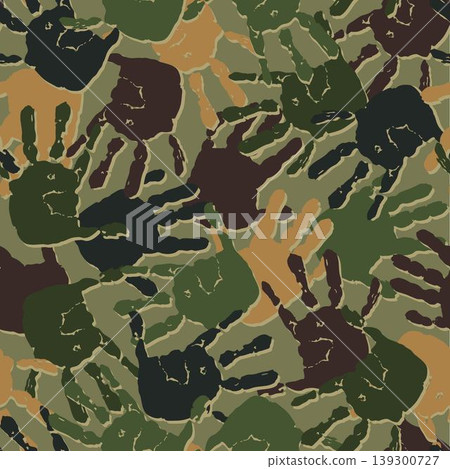 Seamless green khaki pattern with paint handprints of child. Camouflage style. Random messy composition with scattered objects. Print for apparel, textile design Seamless green khaki pattern with paint handprints of child. Camouflage style. Random messy composition with scattered objects. Print for apparel, textile design 139300727