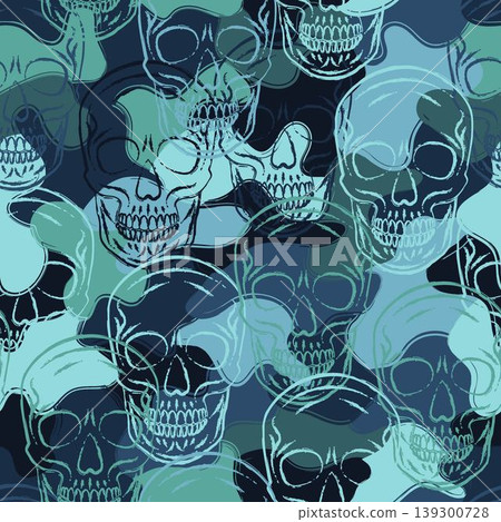 Blue camouflage pattern with human skulls. Contoured outline illustrations on overlapping irregular patches. Random composition. For apparel, clothing, fabric, textile, sport design 139300728