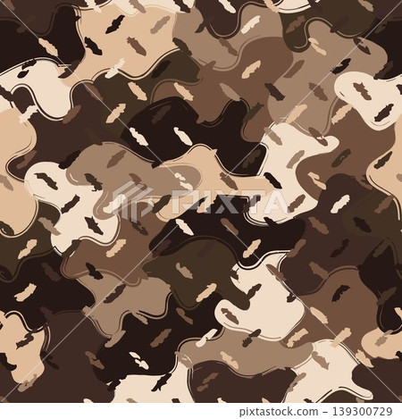 Seamless brown camouflage pattern with scattered oval speckles, spots. Overlapping irregular patches on background. Grunge contour of figures. For clothing, fabrics, textiles, sporting goods 139300729