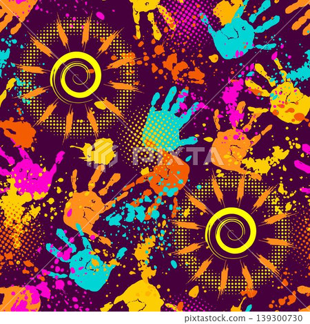 Seamless colorful pattern with sun icon, handprints of child, kid. Abstract blots of paint, halftone shapes. Random messy composition in bright neon colors. Print for apparel, textile design 139300730