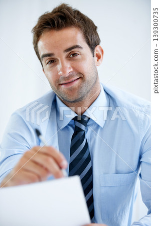 Business man, portrait and documents or writing information in POV job interview or recruitment meeting in HR. Smile, face and professional employer with documents, resume and CV or hiring contract 139300735