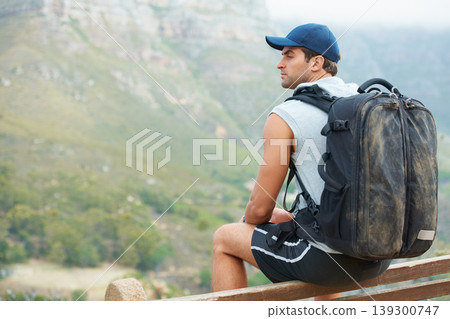 Thinking, man or rest in nature hiking with backpack for workout, training or exercise view. Hiker, person or planning on relax mountains for health, wellness or sports vision for Brazil summer break Thinking, man or rest in nature hiking with backpack for workout, training or exercise view. Hiker, person or planning on relax mountains for health, wellness or sports vision for Brazil summer break 139300747