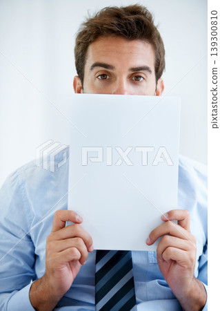 Portrait, business and man with paper, blank and promotion with mockup space, employee or agent. Face, person or worker with billboard sign, professional or corporate with entrepreneur or opportunity 139300810