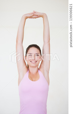 Portrait, smile and woman with exercise, stretching and workout on white studio background. Face, person and girl with training for health, wellness and progress with weight loss, peace and happiness Portrait, smile and woman with exercise, stretching and workout on white studio background. Face, person and girl with training for health, wellness and progress with weight loss, peace and happiness 139300821