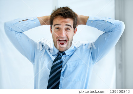 Portrait, screaming and business with man, employee and emoji with professional, angry and stress in a workplace. Face, person and agent with bad news, fail and frustrated with mistake and office Portrait, screaming and business with man, employee and emoji with professional, angry and stress in a workplace. Face, person and agent with bad news, fail and frustrated with mistake and office 139300843