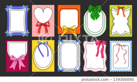 Cute colorful lace wavy frames decorated with bows and ribbons. Vintage set of vector hand drawn oval, square and rectangle borders. Fancy designs, ute line decoration backgrounds, simple card decor. Cute colorful lace wavy frames decorated with bows and ribbons. Vintage set of vector hand drawn oval, square and rectangle borders. Fancy designs, ute line decoration backgrounds, simple card decor. 139300898
