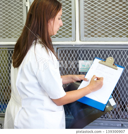 Veterinary clinic, clipboard and woman writing test results, assessment notes or animal healthcare paperwork. Pet healing services, vet paperwork and hospital veterinarian with feedback checklist Veterinary clinic, clipboard and woman writing test results, assessment notes or animal healthcare paperwork. Pet healing services, vet paperwork and hospital veterinarian with feedback checklist 139300907