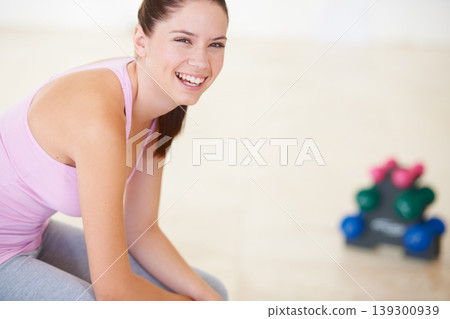 Portrait, smile and fitness with woman, dumbbells and exercise with wellness center, happiness and progress. Face, person or girl with gym equipment, joy and workout with training, funny or challenge Portrait, smile and fitness with woman, dumbbells and exercise with wellness center, happiness and progress. Face, person or girl with gym equipment, joy and workout with training, funny or challenge 139300939