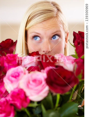 Woman, rose bouquet and eyes with closeup, beauty and arrangement with studio background, surprise and gift. Look, female model and flowers for love, present and valentines day with romantic gesture Woman, rose bouquet and eyes with closeup, beauty and arrangement with studio background, surprise and gift. Look, female model and flowers for love, present and valentines day with romantic gesture 139300969