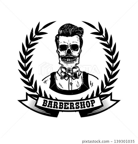 Barbershop. Illustration of bearded skull isolated on white background. Design element for barber shop poster, card, emblem, sign, label. Vector illustration 139301035